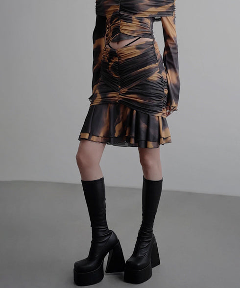 Smoke Dye Ruched Flounce Skirt